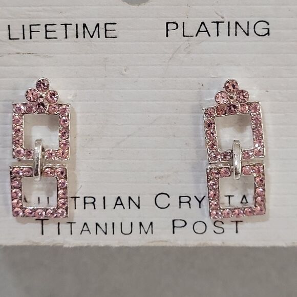 Vintage Charlestone Silver Tone Pink Austrian Crystal Titanium Post Earrings - Picture 2 of 9